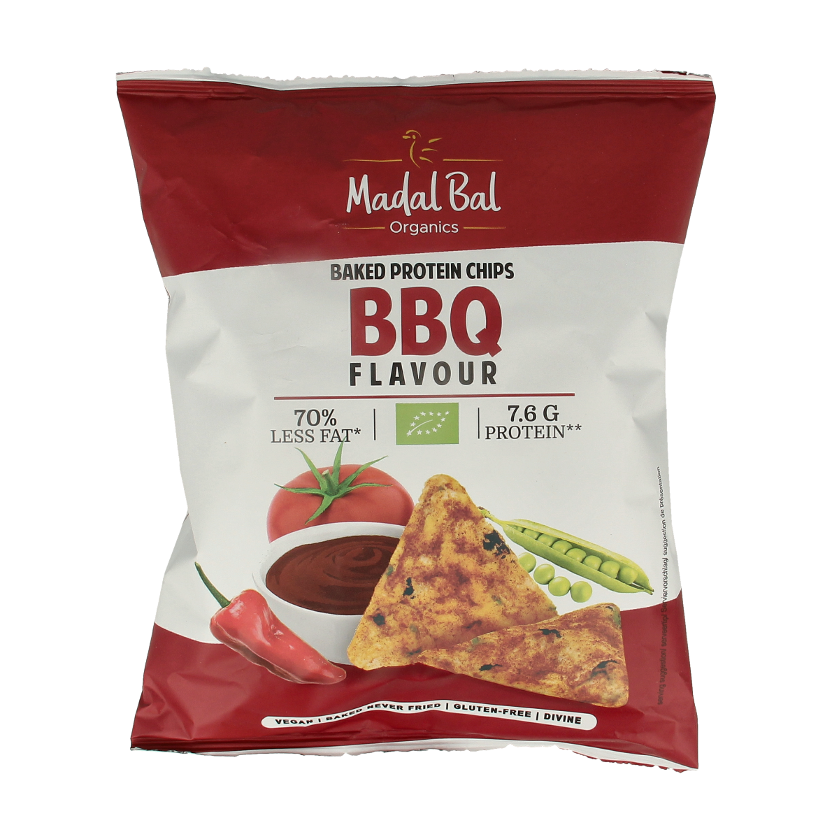 Madal Bal BBQ protein chips in 60g bio snack pack, crispy, flavorful snack with natural ingredients.