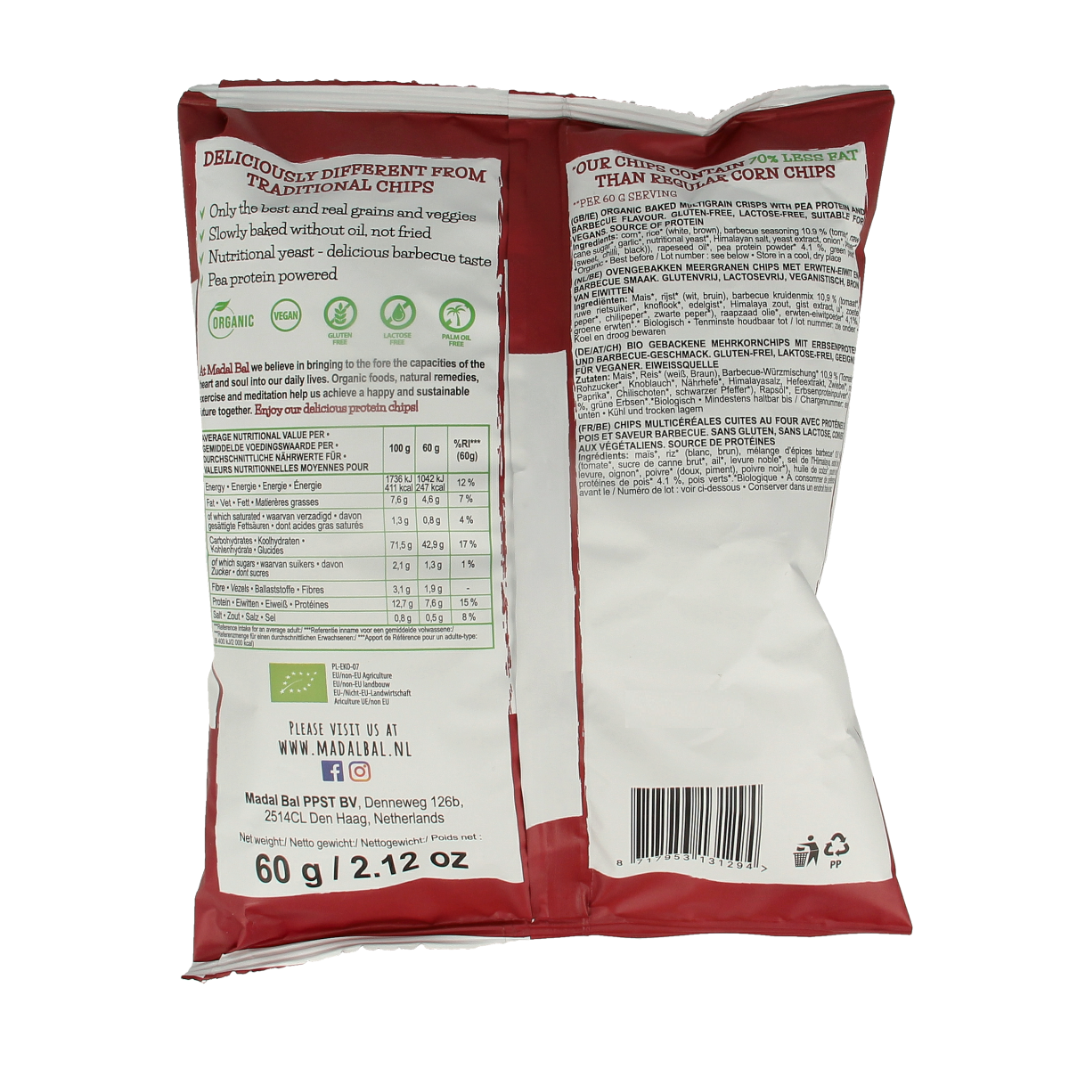 Madal Bal BBQ flavored protein chips in 60g bio snack pack, crispy and savory, ideal for healthy snacking.