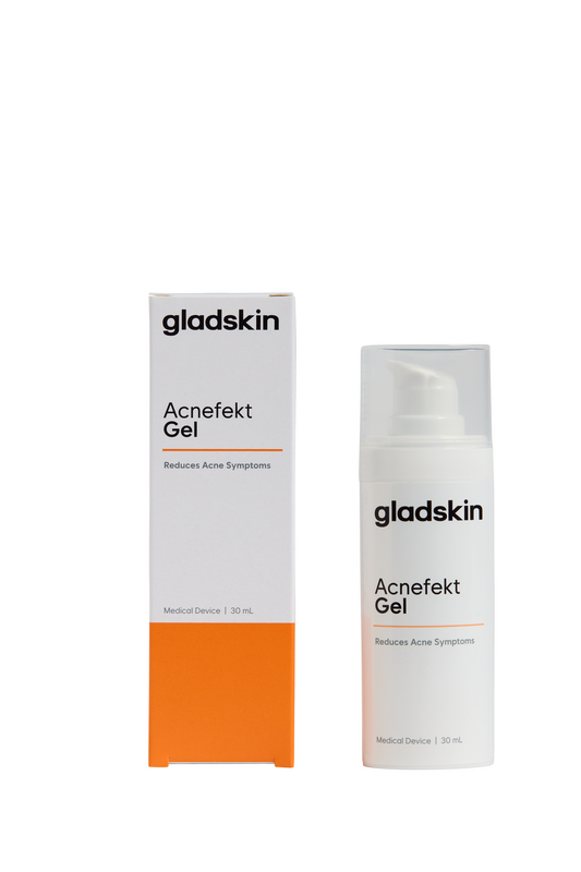 Gladskin Acne gel in a 30ml tube, facial skincare product for acne treatment with clear packaging and applicator tip.