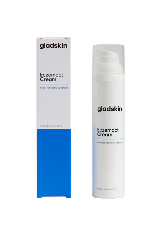 Gladskin Eczemact cream 100ml for body care, with a pump bottle showing the skincare product and branding.