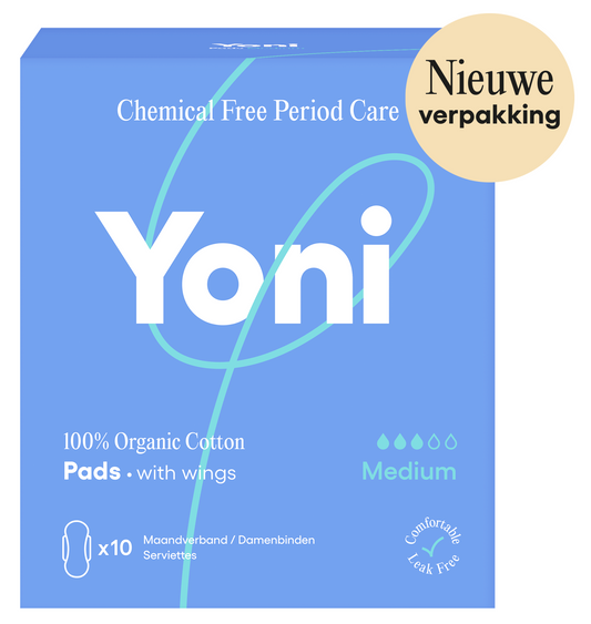 Medium Yoni brand menstrual pad with wings, package of 10, designed for women’s comfort and protection during menstruation.