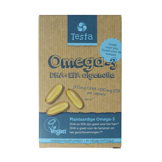 Testa Omega 3 algenolie softgels with 300mg DHA and 150mg EPA, vegan dietary supplement, close-up of softgel capsules.