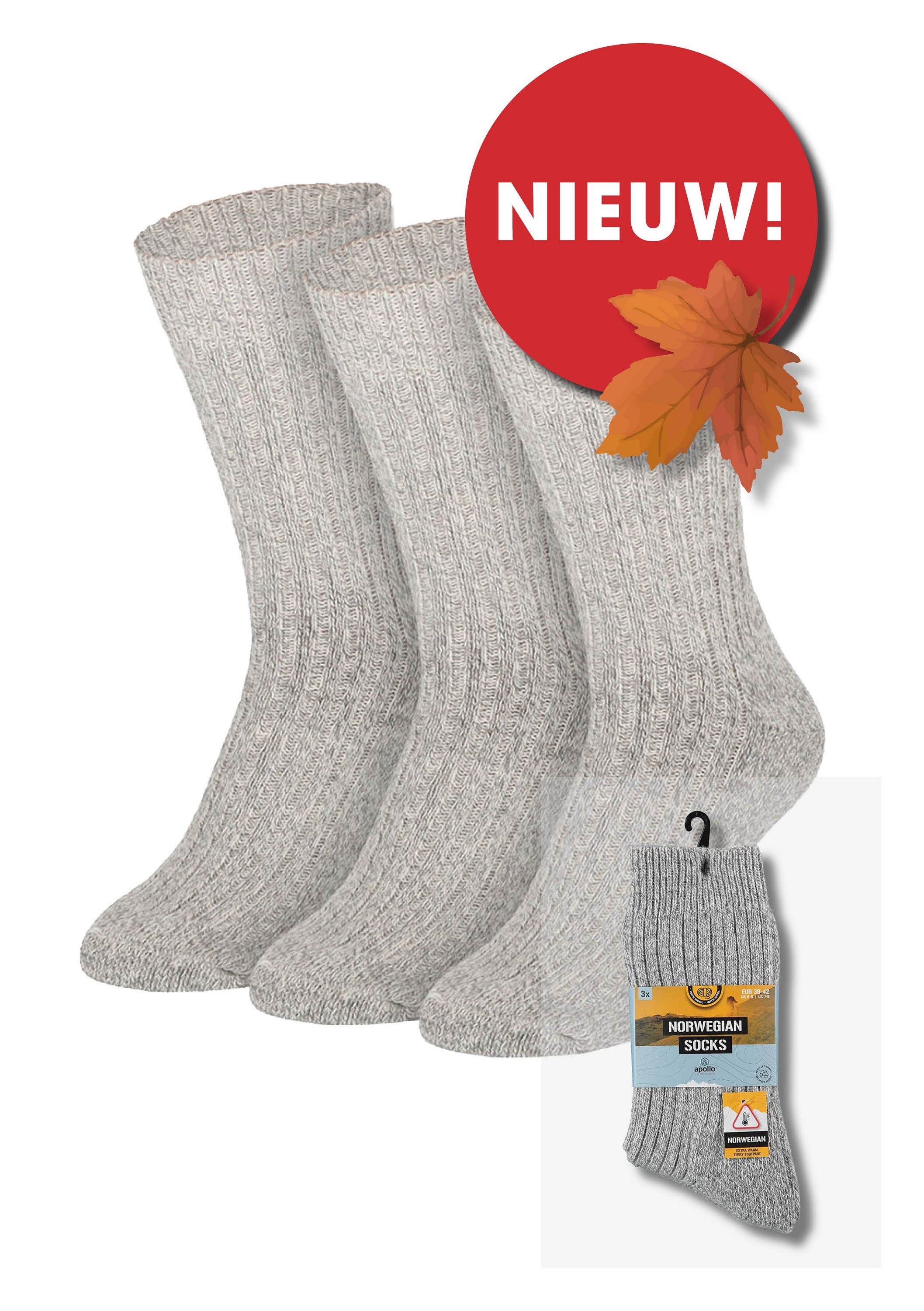 Apollo Noorse sokken, size 43-46, set of 3 pairs, soft knit socks for comfort and warmth.