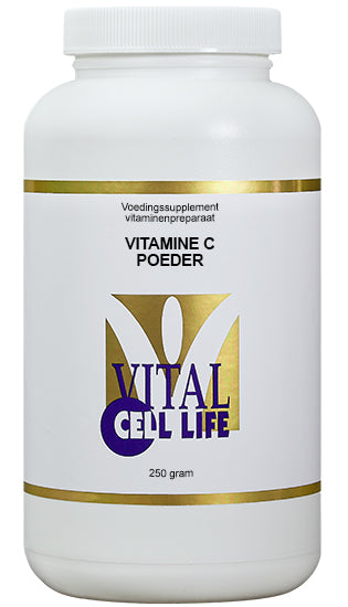 Vital Cell Life Vitamin C powder in a 250g container, natural orange color, with scoop, for immune support and daily health.