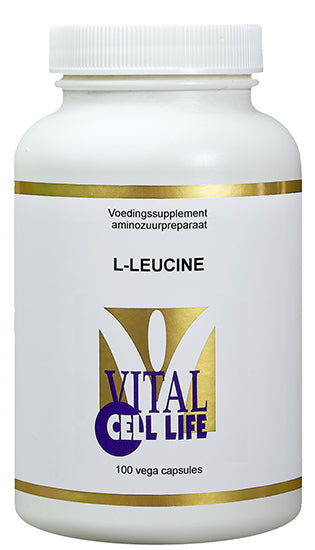Vital Cell Life L-Leucine 400mg vegetarian capsules, amino acid supplement, shown in clear container with capsules inside.