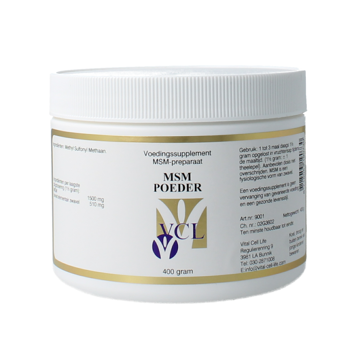 Vital Cell Life MSM mineral powder in a 400g container, showing the white MSM supplement in a natural setting.