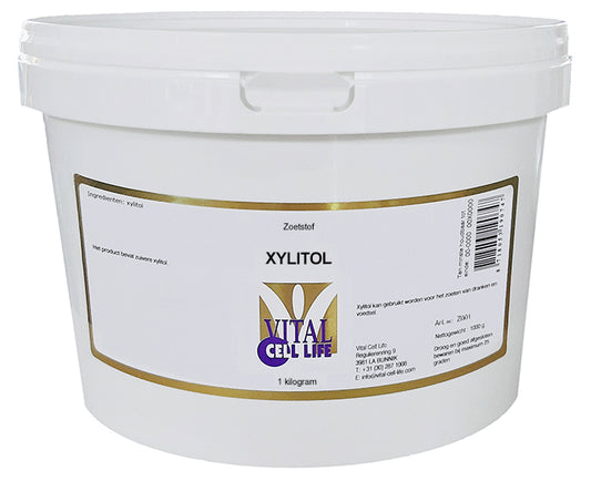 Vital Cell Life Xylitol 1kg bag of sweetener, natural sugar substitute, in a resealable package.