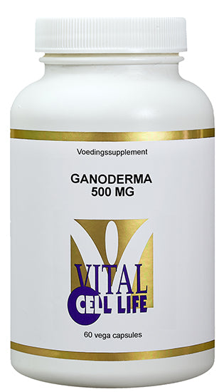 Vital Cell Life Ganoderma vegetarian capsules in a bottle, herbal supplement for wellness and immune support.