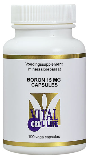 Vital Cell Life Boron 15mg mineral capsules, 100 count, shown in a close-up image of the supplement bottle.