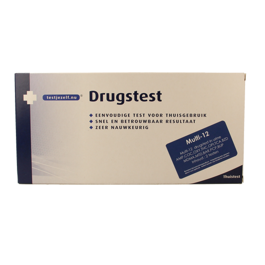 Testjezelf.nu multidrug urine test kit with 12 self-testing strips for drug detection, shown in the image.