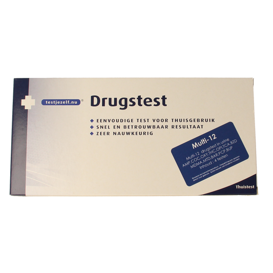 Testjezelf.nu Multidrugtest 12 urine self-test kits, showing packaging and test strips for drug detection in urine.