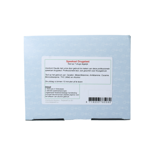 Testjezelf.nu speeksel drugstest 7-pack for drug detection, showing sealed test kits with blue and white packaging.