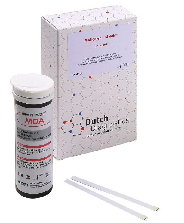 Testjezelf.nu vrije radicalen zelftest set with 10 test strips for at-home health screening, shown in packaging.
