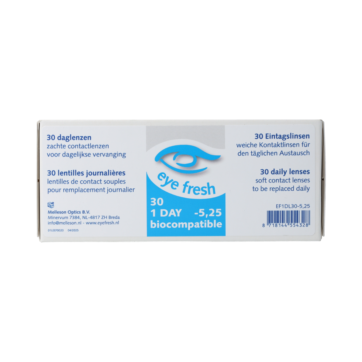 Eyefresh Daglenzen -5.25 contact lenses in a package of 30, optiek brand, with clear focus on the lenses and packaging.