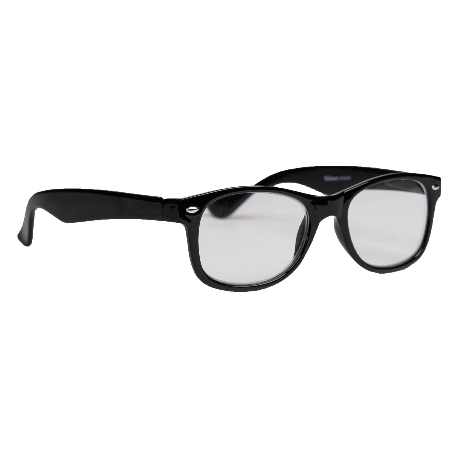 Melleson wayfarer style black glasses with +1.50 lens correction, close-up view of optical frame and lens details.