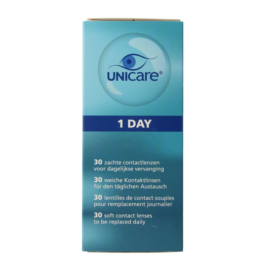 Unicare Daglenzen -7.50 contact lenses in a box, optical product from Unicare, with clear packaging and lens details visible.