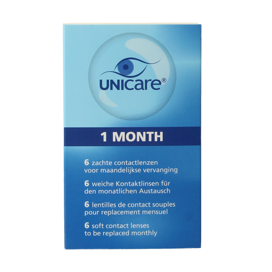 Unicare contact lenses -2.50 diopters, 6-pack, optical brand, shown in blister packaging with lenses visible inside.