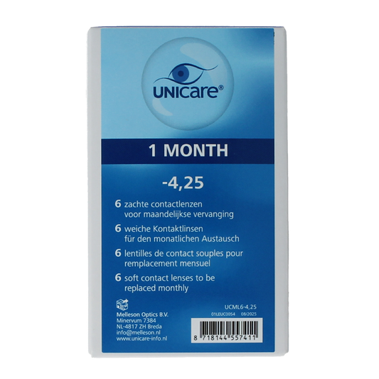 Unicare contact lenses -4.25 prescription in a box of 6 pairs, optical product with clear lens images and packaging.