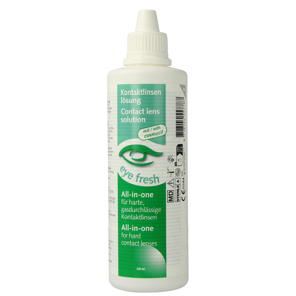 Eyefresh Alles-in-1 contactlens vloeistof voor harde lenzen, 200ml, in een witte fles met blauwe en groene details.