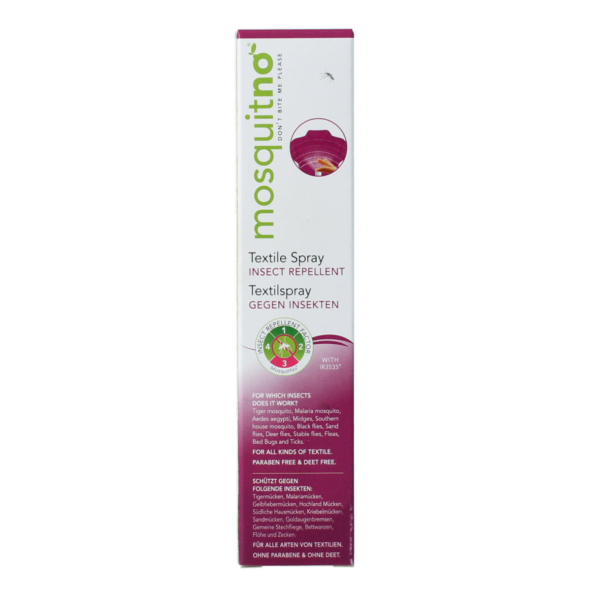 Mosquitno insect spray bottle for bites and stings, 50ml, with label and spray nozzle visible.