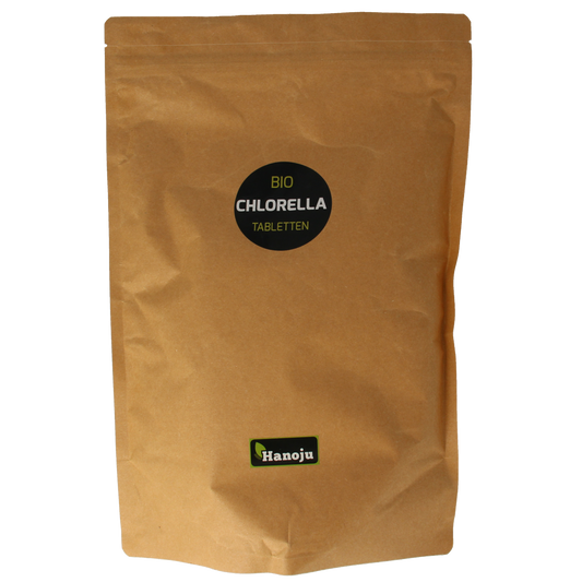 Hanoju Bio Chlorella tablets in paper bag, natural green algae supplement from herbal preparations, 2500 tablets.