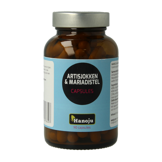 Hanoju herbal capsules with artichoke and milk thistle extract, 200mg each, for liver health, in a 90-capsule bottle.
