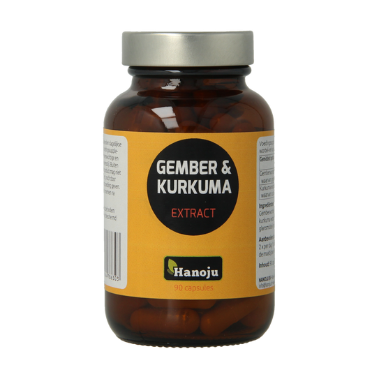 Hanoju Gember & kurkuma extract vegetarian capsules in a clear bottle, showing the herbal supplement's label and capsules inside.