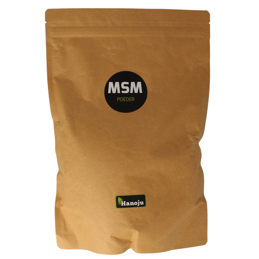 Hanoju MSM powder in a 1kg container, a herbal supplement from the kruidenpreparaten category.