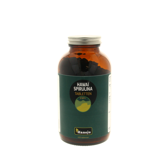 Hanoju Spirulina Hawaii 500mg tablets, herbal supplement in a clear container, featuring green spirulina tablets on the label.