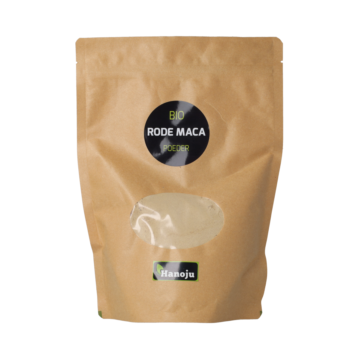 Hanoju Bio rode maca poeder in 500g package, organic herbal supplement with bright orange powder in a resealable bag.
