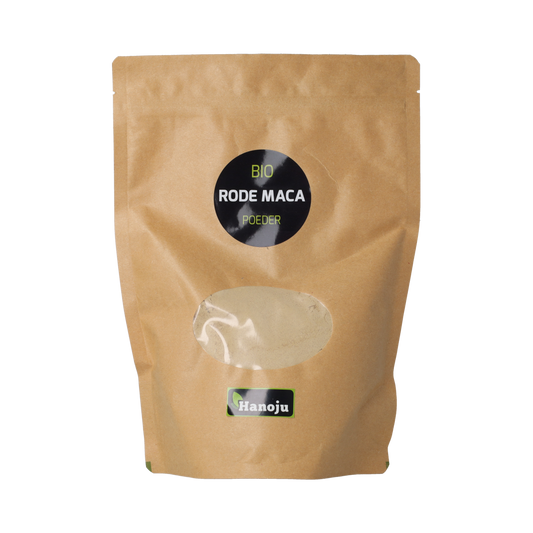 Hanoju Bio rode maca poeder in 500g package, organic herbal supplement with bright orange powder in a resealable bag.