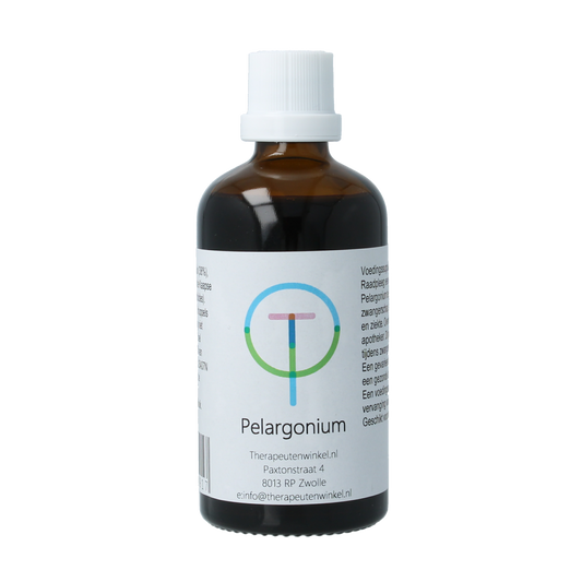 Therapeutenwinkel Pelargonium tinctuur in 100ml bottle, herbal preparation with botanical extract, natural remedy for wellness.