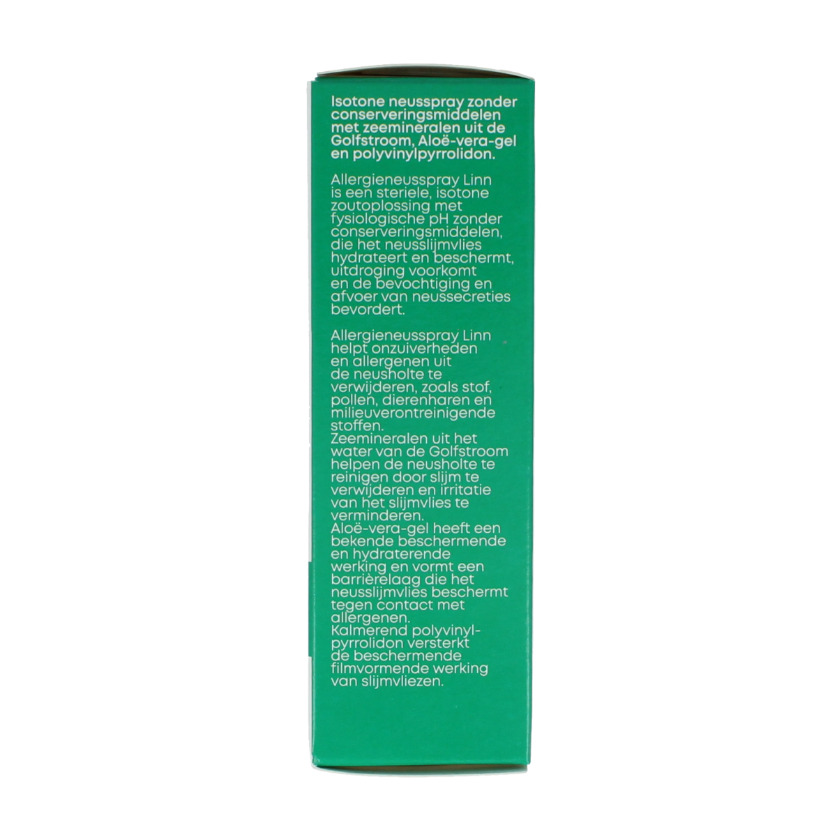 Linn Allergie neusspray 20ml for hay fever and allergy relief, featuring a white spray bottle with a blue cap and nozzle.