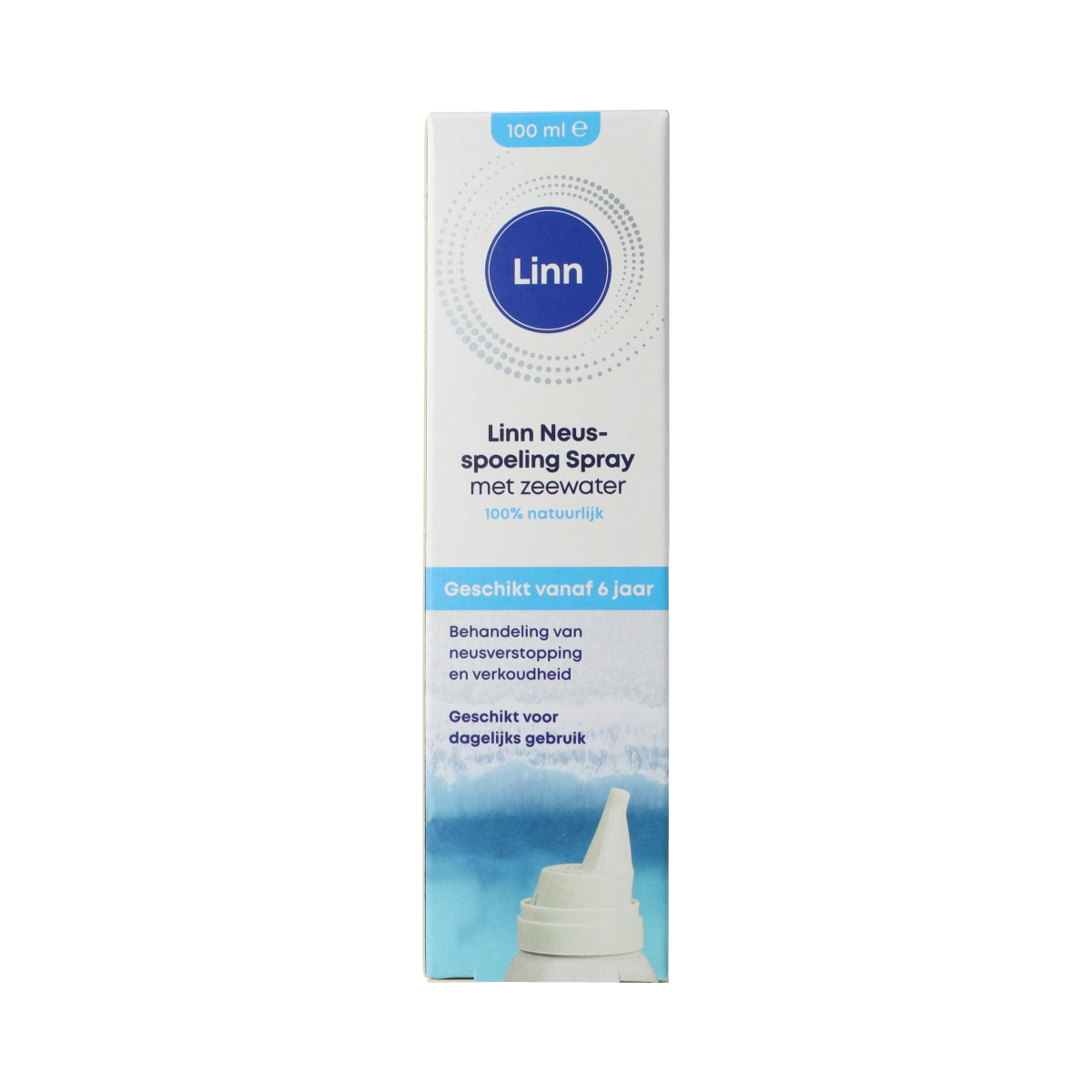 Linn Neusspoelingsspray zeewater in 100ml bottle, nasal care and inhalation product with spray nozzle, designed for nasal hygiene.