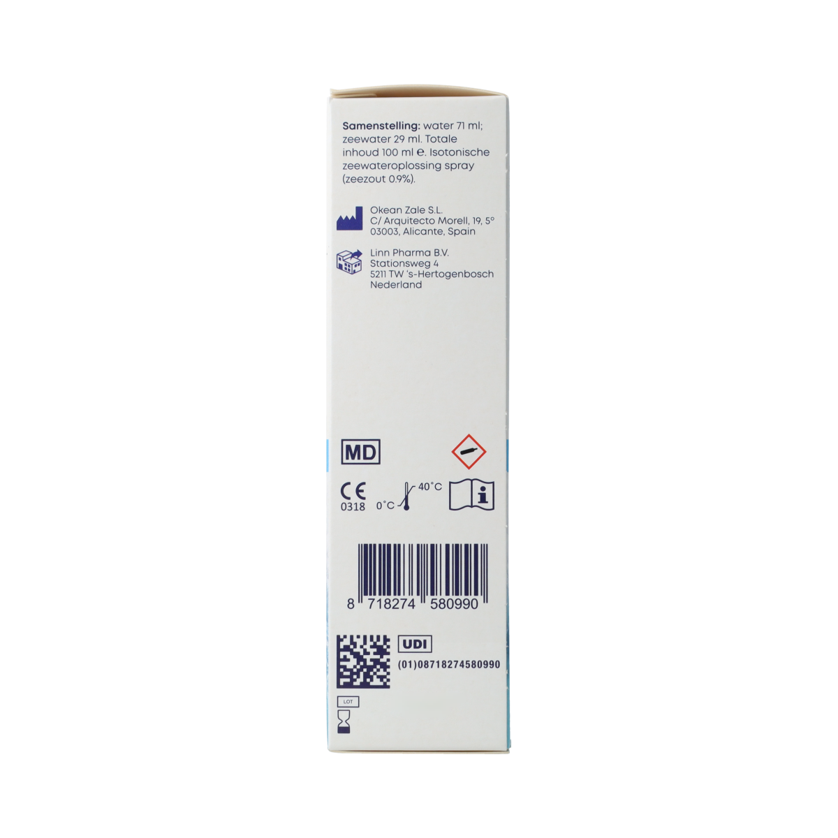 Linn Neusspoelingsspray zeewater in 100ml bottle, nasal care and inhalation product, with spray nozzle for nasal rinsing.