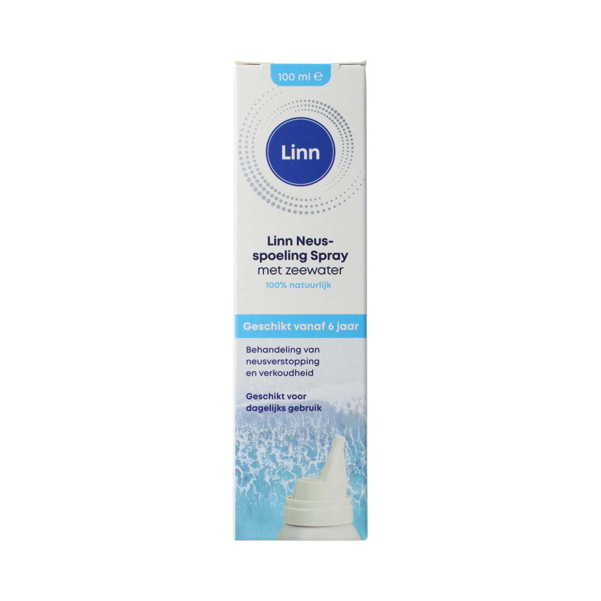 Linn Neusspoelingsspray zeewater, 100ml, for nasal care and inhalation, with a spray bottle and sea water solution.