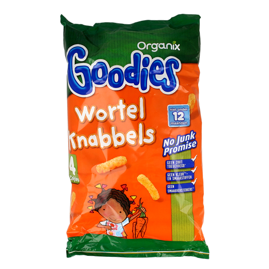 Organic Organix Goodies Mais knabbels met wortel for babies and toddlers, 60g, featuring crunchy maize and carrot snacks in a colorful package.