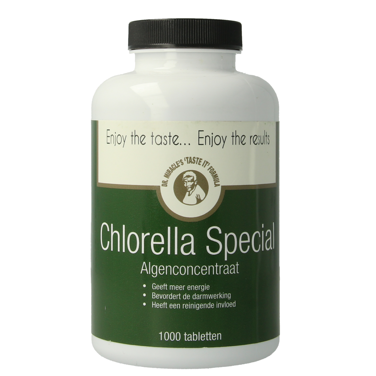 Dr. Miracle Chlorella 1000 tablets, green algae supplement in a bottle, part of herbal preparations by Dr. Miracle.