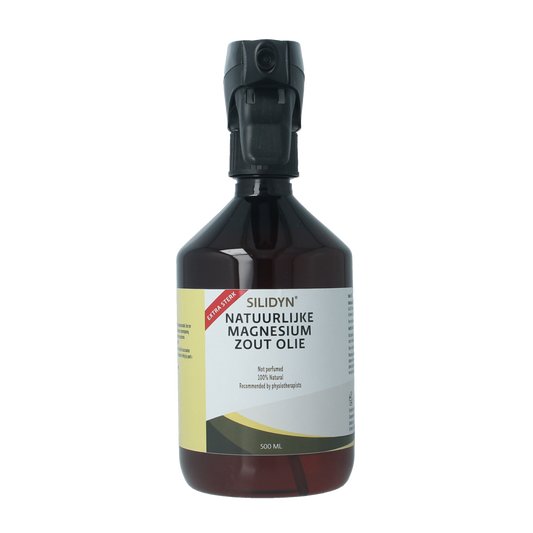 Silidyn Magnesium Zout Olie Spray 38% in 500ml bottle, mineral supplement with mineralen enkel label, clear spray nozzle.