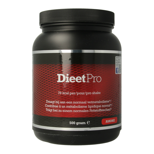 Bottle of Dieet Pro Aardbei strawberry flavor herbal supplement, 500g, natural ingredients, in a clear plastic container.