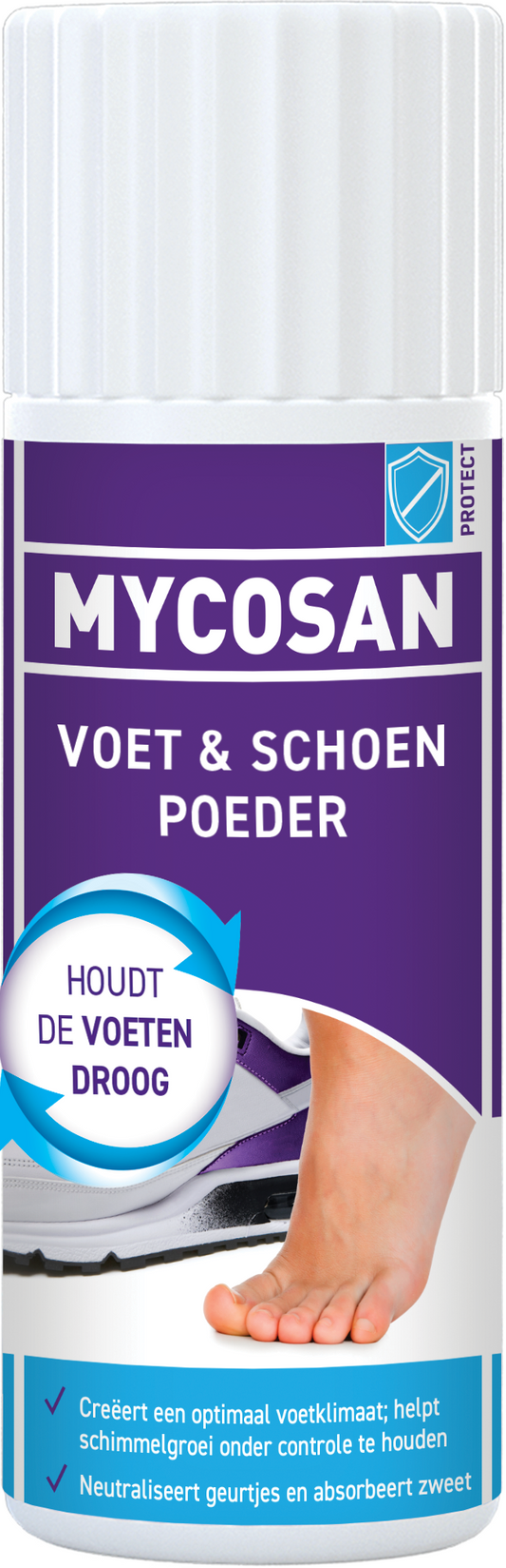 Mycosan Voet & schoen poeder 65g for foot care, showing the powder packet with branding and product details.