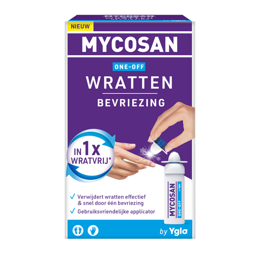 Mycosan One-off wart freezing treatment in a 50ml bottle, body care product for wart removal, with applicator and label visible.