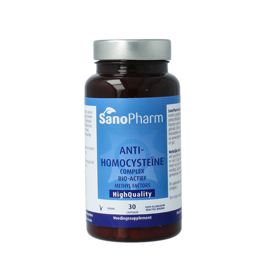 SanoPharm Anti-homocysteine complex foodstate capsules, dietary supplement in a blister pack, with white and green packaging.