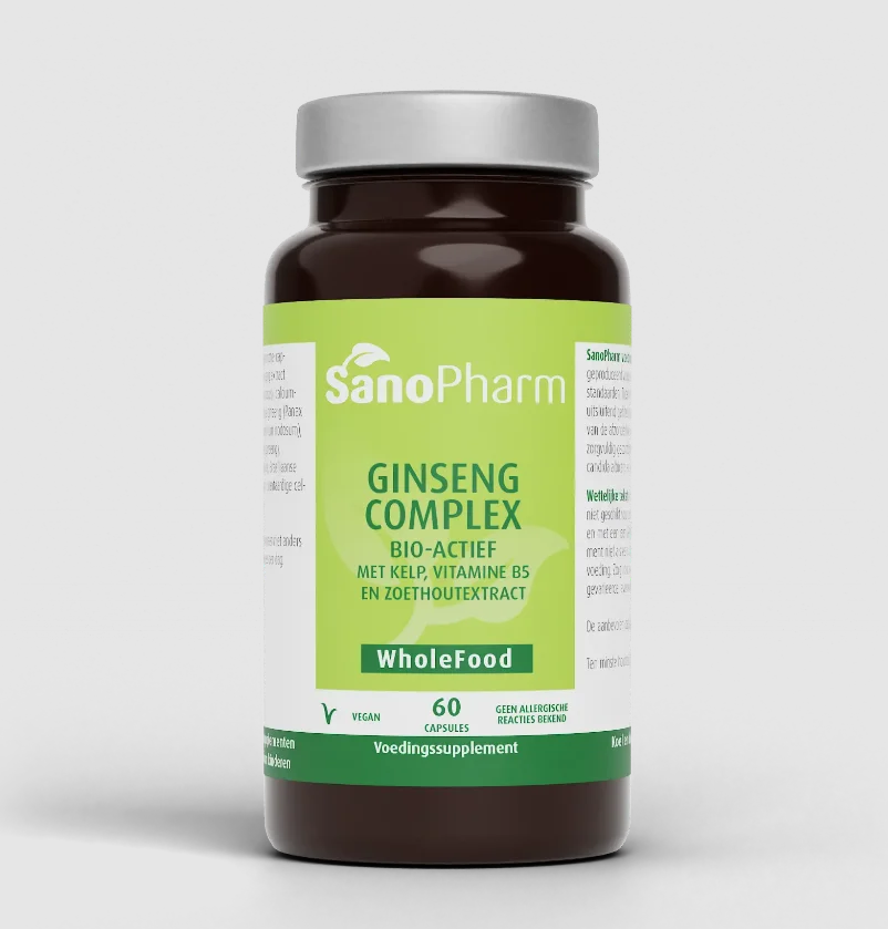 SanoPharm Ginseng Complex capsules in a bottle, herbal supplement for adrenal health, 60 vegetarian capsules.