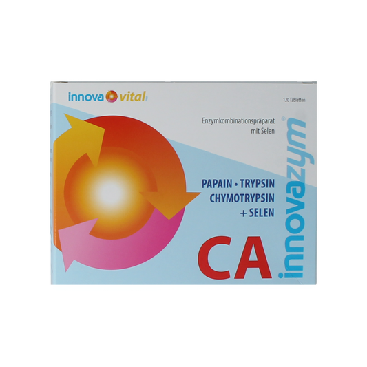 SanoPharm Innovazym CA 120 tablet container, supplement with fibers and enzymes for digestive support.