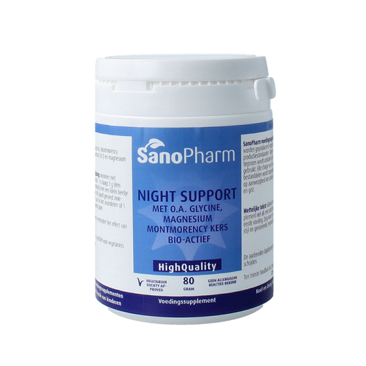 SanoPharm Night Support herbal supplement in 80g package, featuring dried herbal ingredients in a clear container.