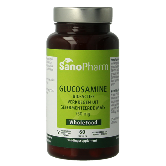 SanoPharm vegan Glucosamine 750mg capsules, mineral supplement, 60 capsules, close-up of bottle with label visible