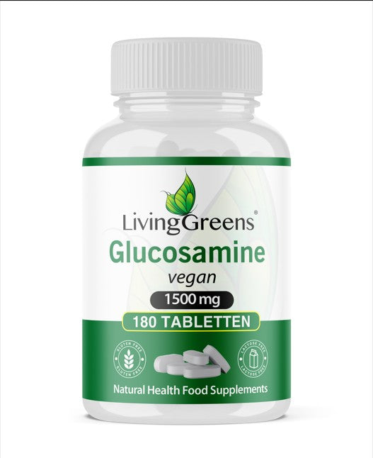 Livinggreens Glucosamine 1500 vegan tablets, dietary supplement for joint health, with mineralen enkel packaging.