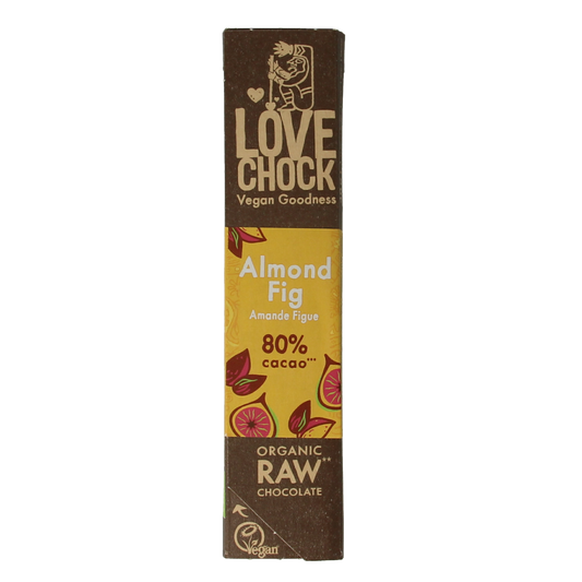 Lovechock Almond Fig bio chocolate bar with visible almond and fig pieces on the packaging.