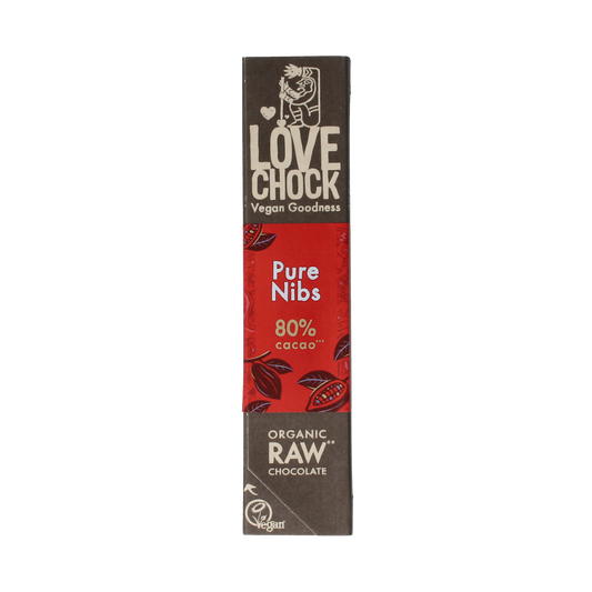 Lovechock Pure Nibs bio chocolate bar, 40g, with crunchy cacao nibs and organic ingredients, natural and healthy snack option.